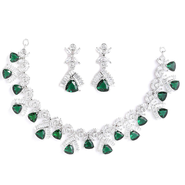 Rhodium-Plated with Silver-Tone Green American Diamond Studded Contemporary Design Jewellery Set