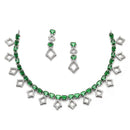Rhodium-Plated Silver Toned Rectangle Green American Diamond Studded Necklace Earrings Jewellery Set