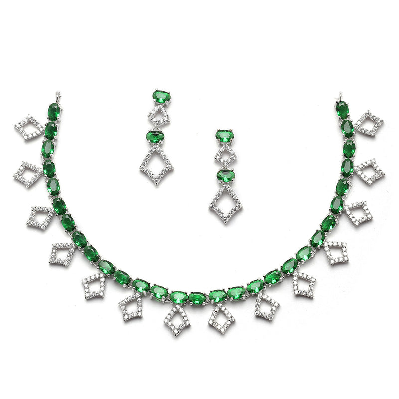 Rhodium-Plated Silver Toned Rectangle Green American Diamond Studded Necklace Earrings Jewellery Set