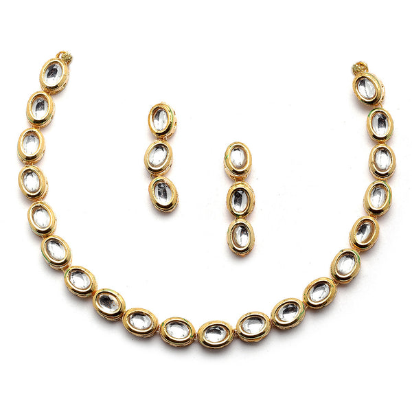 Gold-Plated White Kundan Studded Necklace with Earrings Jewellery set