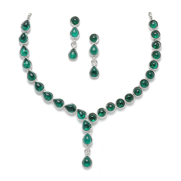 Oxidised Silver-Plated Green American Diamond Studded Necklace with Earring Jewellery Set