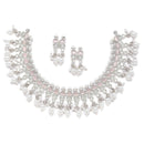 Oxidised Silver-Plated Pink American Diamond & White Pearl Studded Necklace Earrings Jewellery Set