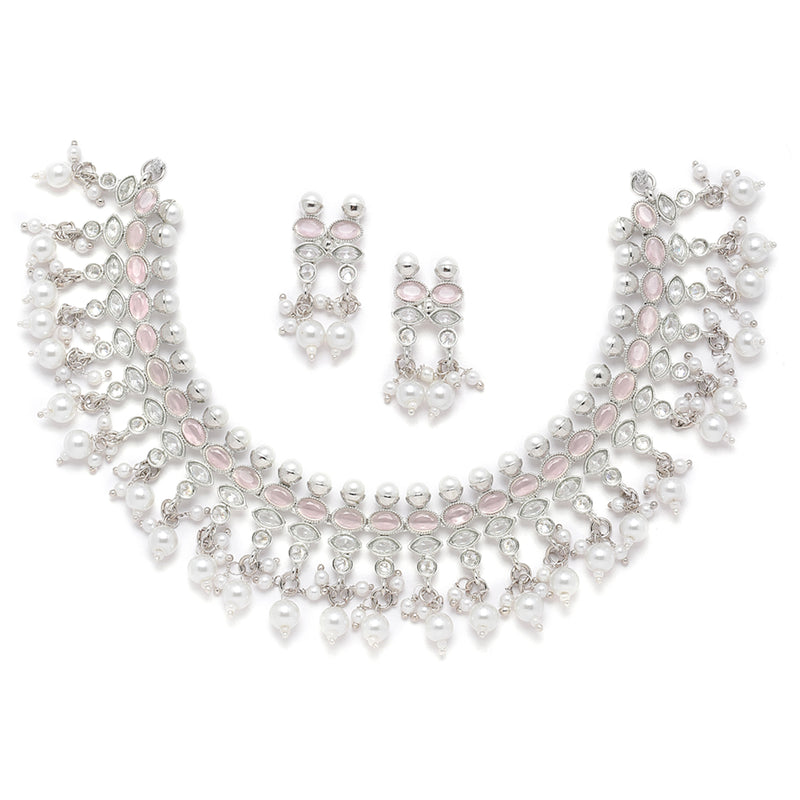 Oxidised Silver-Plated Pink American Diamond & White Pearl Studded Necklace Earrings Jewellery Set