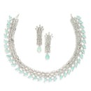 Rhodium-Plated with Silver-Toned Sea Green and White American Diamond Studded Necklace & Earrings Jewellery Set