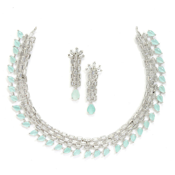 Rhodium-Plated with Silver-Toned Sea Green and White American Diamond Studded Necklace & Earrings Jewellery Set