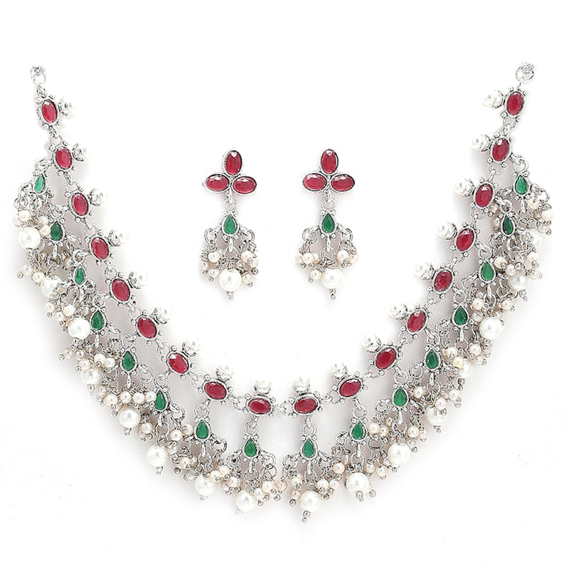 Rhodium-Plated with Oxidised Silver-Tone Red Green and White Kundan Studded Jewellery Set