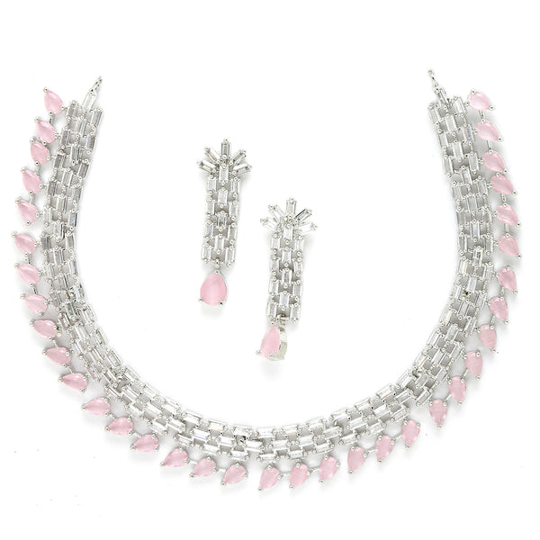 Rhodium-Plated with Silver-Toned Pink and White American Diamond Studded Necklace & Earrings Jewellery Set