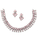 Rhodium-Plated Silver Toned Pear Pink American Diamond Studded Necklace Earrings Jewellery Set