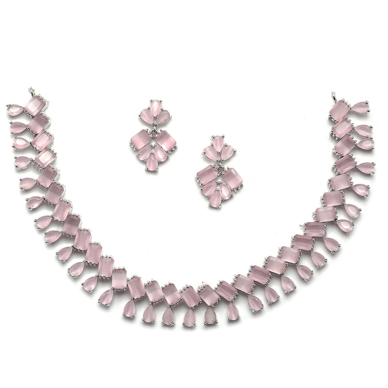 Rhodium-Plated Silver Toned Pear Pink American Diamond Studded Necklace Earrings Jewellery Set