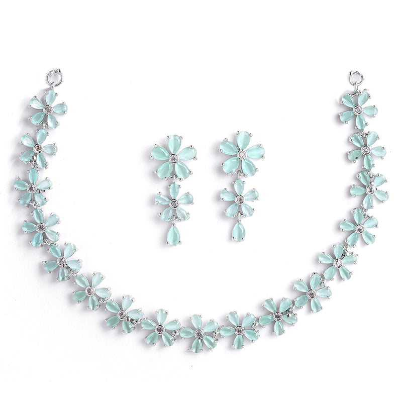 Rhodium-Plated with Silver-Tone Sea-Green & White American Diamond-Studded Jewellery Set