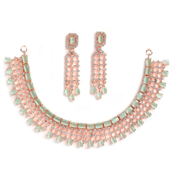 Green American Diamond Gold-Plated with Rose-Tone Stone Studded Necklace Set