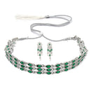 Oxidised Silver-Plated Green American Diamond Studded Multi-Strand Necklace Earrings Jewellery Set