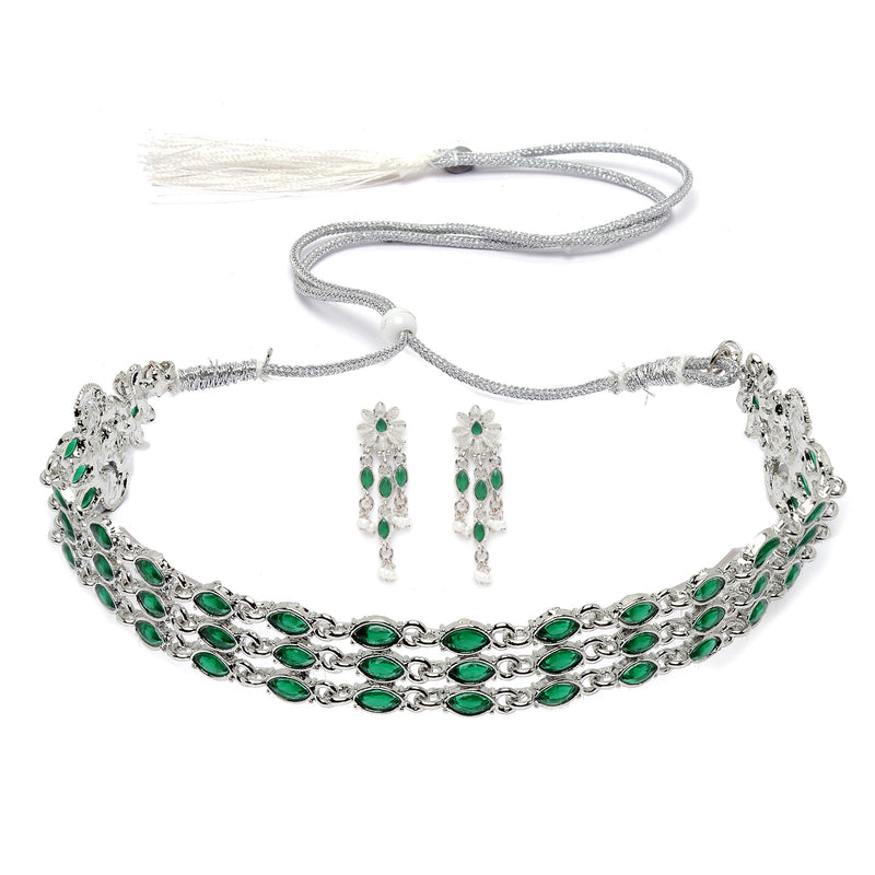 Oxidised Silver-Plated Green American Diamond Studded Multi-Strand Necklace Earrings Jewellery Set
