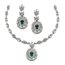 Rhodium-Plated Silver Toned Square Green American Diamond Studded Necklace with Earring Jewellery Set