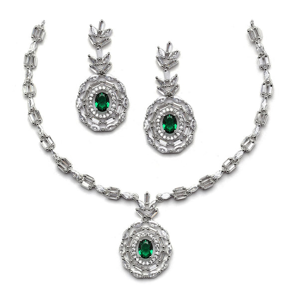 Rhodium-Plated Silver Toned Square Green American Diamond Studded Necklace with Earring Jewellery Set
