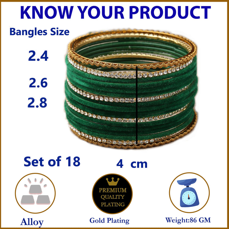 Gold-Plated Green Matte Finish Velvet White American Diamonds Studded Bangles (Set Of 36)