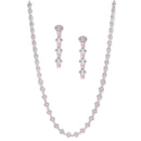 Rhodium-Plated Silver Toned Oval Pink American Diamond Long Necklace with Drop Earrings Jewellery Set
