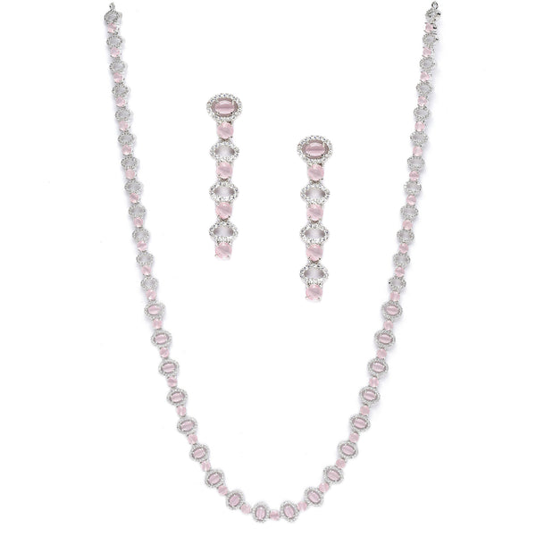Rhodium-Plated Silver Toned Oval Pink American Diamond Long Necklace with Drop Earrings Jewellery Set