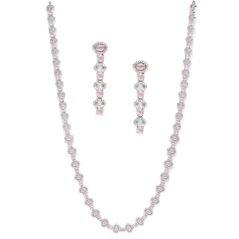 Rhodium-Plated Silver Toned Oval Pink American Diamond Long Necklace with Drop Earrings Jewellery Set