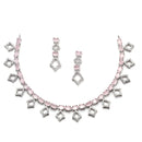 Rhodium-Plated Silver Toned Rectangle Pink American Diamond Studded Necklace Earrings Jewellery Set