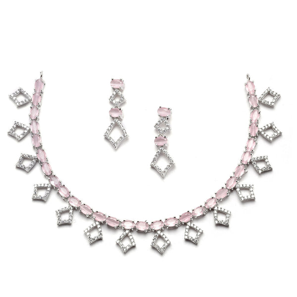 Rhodium-Plated Silver Toned Rectangle Pink American Diamond Studded Necklace Earrings Jewellery Set