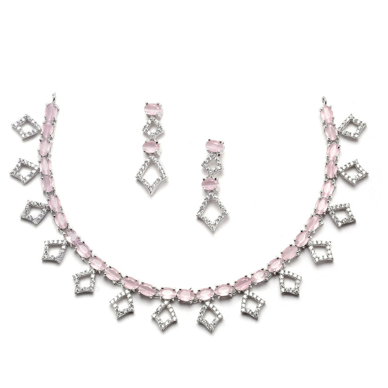 Rhodium-Plated Silver Toned Rectangle Pink American Diamond Studded Necklace Earrings Jewellery Set