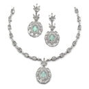Rhodium-Plated Silver Tone Square Sea Green American Diamond Studded Necklace with Earring Jewellery Set