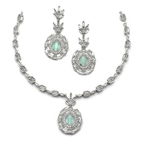 Rhodium-Plated Silver Tone Square Sea Green American Diamond Studded Necklace with Earring Jewellery Set