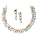 Rose Gold-Plated Sea Green and Rose Black American Diamond Studded Necklace & Earrings Jewellery Set