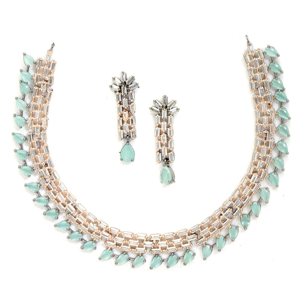 Rose Gold-Plated Sea Green and Rose Black American Diamond Studded Necklace & Earrings Jewellery Set