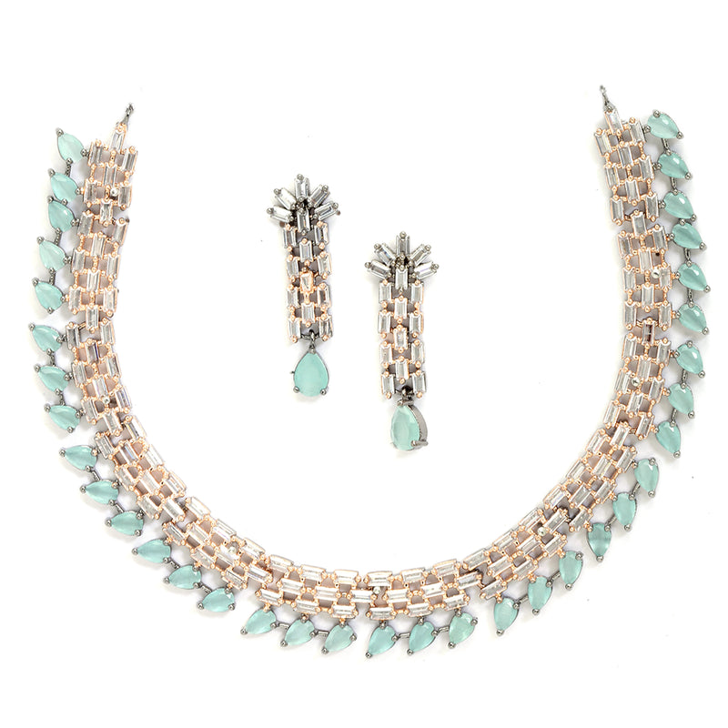 Rose Gold-Plated Sea Green and Rose Black American Diamond Studded Necklace & Earrings Jewellery Set