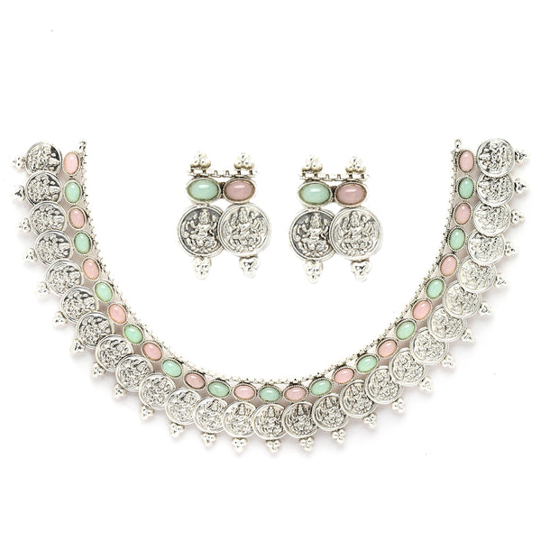 Rhodium-Plated with Oxidised Silver-Plated Pink and Sea Green Artificial Beads Studded & Temple Coin Jewellery Set