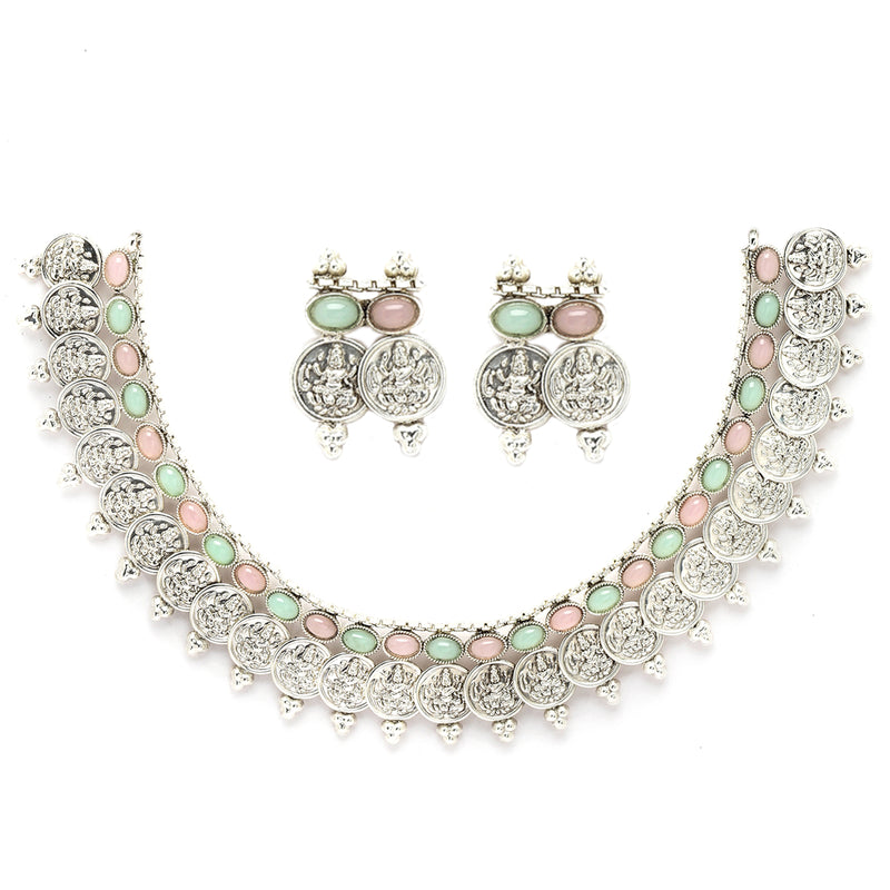 Rhodium-Plated with Oxidised Silver-Plated Pink and Sea Green Artificial Beads Studded & Temple Coin Jewellery Set