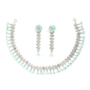 Rhodium-Plated with Silver-Tone Sea Green American Diamond-Studded Flower Design Jewellery Set