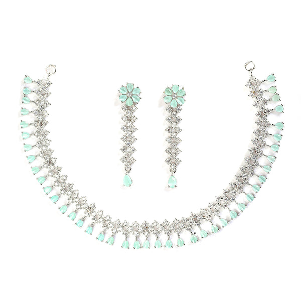 Rhodium-Plated with Silver-Tone Sea Green American Diamond-Studded Flower Design Jewellery Set