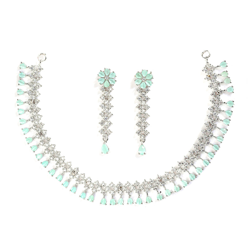 Rhodium-Plated with Silver-Tone Sea Green American Diamond-Studded Flower Design Jewellery Set