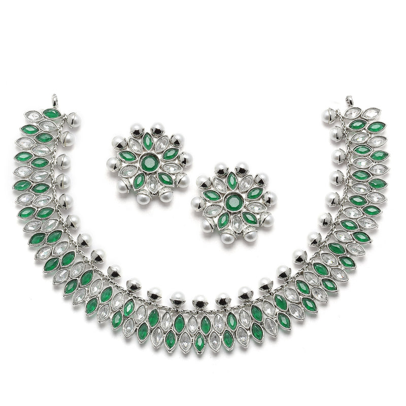 Oxidised Silver-Plated Green American Diamond & White Pearl Studded Necklace Earrings Jewellery Set