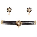 Multi-String Choker Gold-Plated Black & White AD-Studded & Beaded Jewellery Set