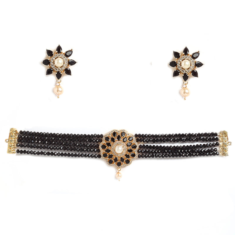 Multi-String Choker Gold-Plated Black & White AD-Studded & Beaded Jewellery Set