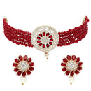 Rhodium-Plated with Silver-Tone Red Stone Studded Jewellery Set