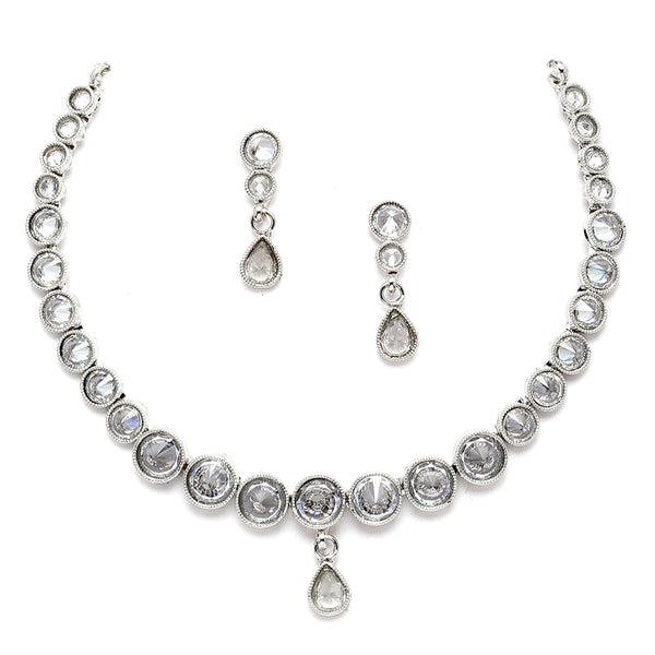 Oxidised Silver-Plated White Round American Diamond Studded Necklace with Earrings Jewellery Set