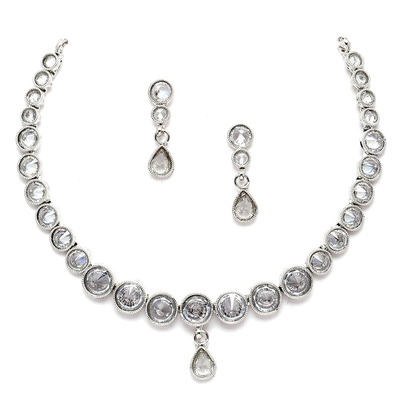 Oxidised Silver-Plated White Round American Diamond Studded Necklace with Earrings Jewellery Set