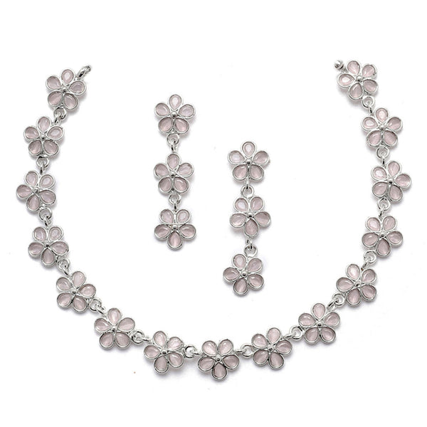 Oxidised Silver-Plated Flower Shaped Pink American Diamond Studded Necklace Earrings Jewellery Set