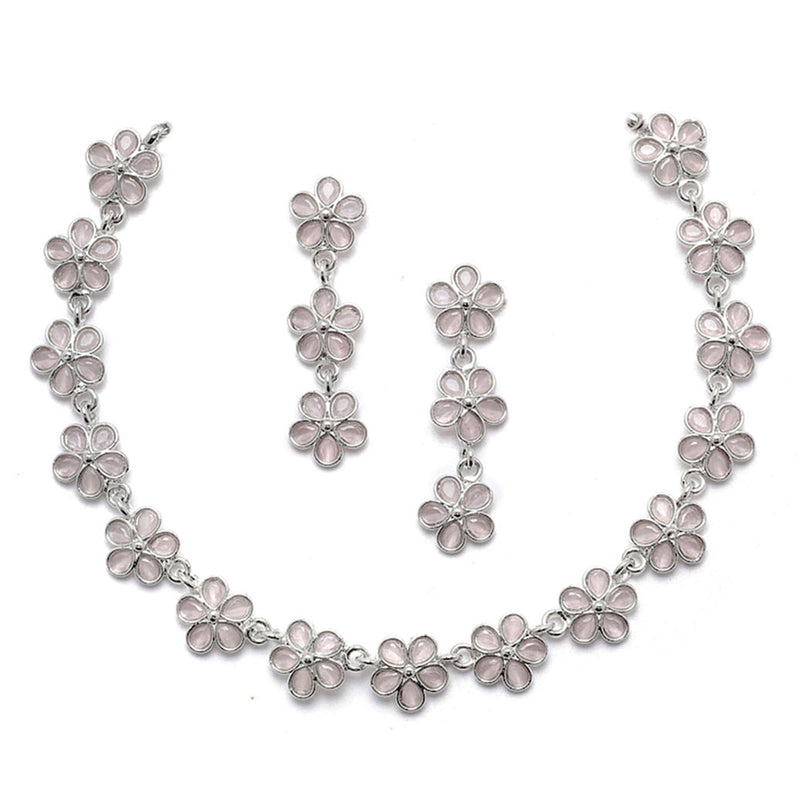 Oxidised Silver-Plated Flower Shaped Pink American Diamond Studded Necklace Earrings Jewellery Set