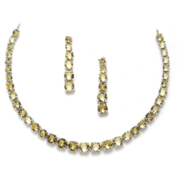 Rhodium-Plated Silver Toned Round Yellow American Diamond Studded Necklace Earrings Jewellery Set