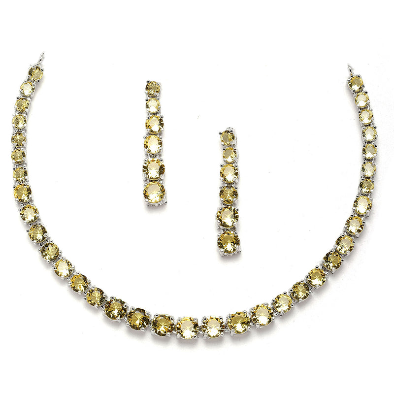 Rhodium-Plated Silver Toned Round Yellow American Diamond Studded Necklace Earrings Jewellery Set