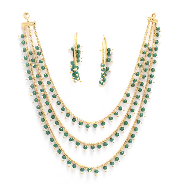 Gold-Plated Green Pearl Drop 3 Intricate Layered Jewellery Set