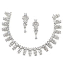 Rhodium-Plated Silver Toned Leaf White American Diamond Studded Necklace with Earrings Jewellery Set
