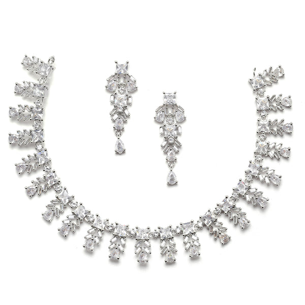 Rhodium-Plated Silver Toned Leaf White American Diamond Studded Necklace with Earrings Jewellery Set