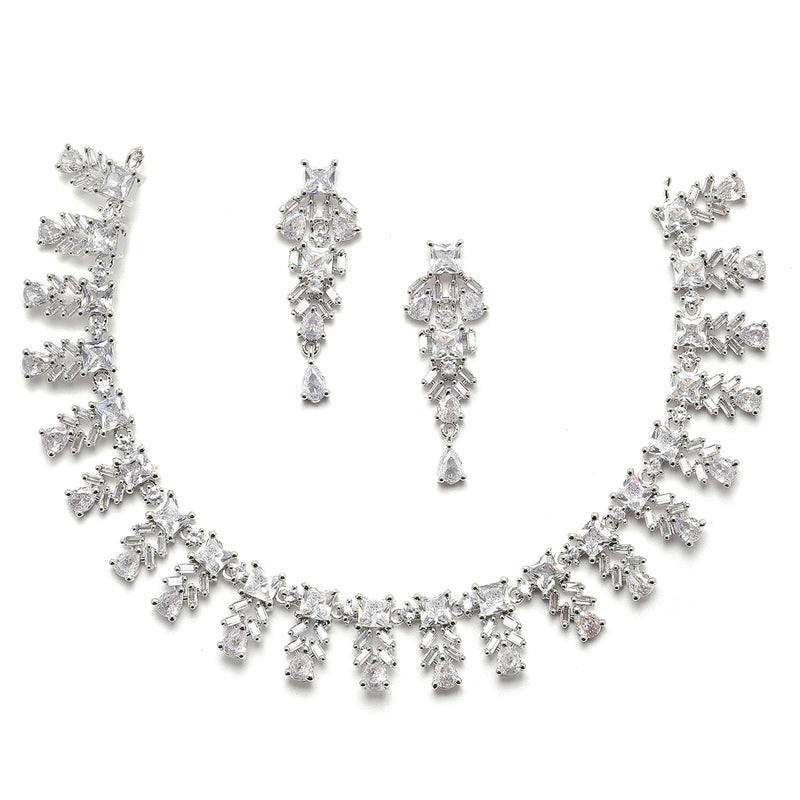 Rhodium-Plated Silver Toned Leaf White American Diamond Studded Necklace with Earrings Jewellery Set